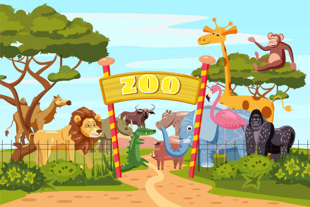 illustrazioni stock, clip art, cartoni animati e icone di tendenza di zoo cancello d'ingresso poster cartone animato con elefante giraffa leone safari animali e visitatori sul territorio illustrazione vettoriale, stile cartone animato, isolato - zoo struttura con animali in cattività