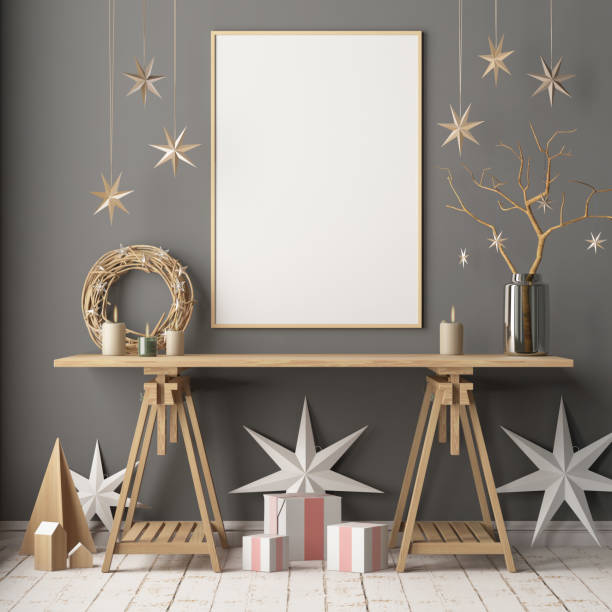 istock Mock up poster in the Christmas interior in Scandinavian style. 3D rendering 976595072