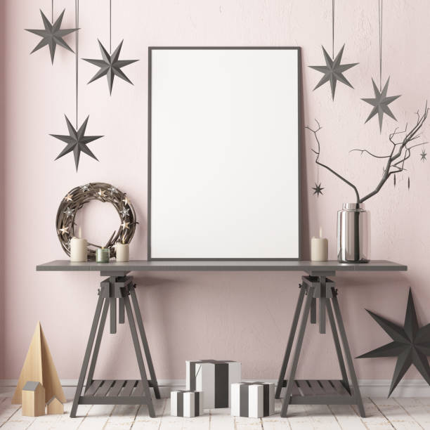istock Mock up poster in the Christmas interior in Scandinavian style. 3D rendering 976595122