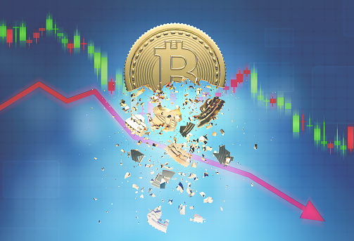 Broken bitcoin, a falling red graph against a blurred blue background. Concept of cryptocurrency bubble. Toned image double exposure
