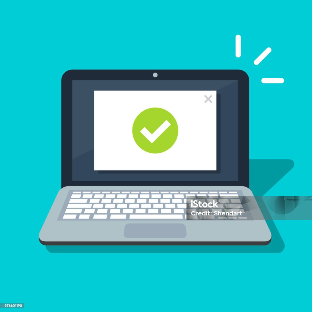 Done Check Sticker In Computer Laptop With Checkmark Or Tick Notification Vector Illustration Flat ...