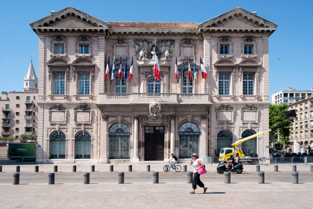 facade of the City Hall of Marseille, France Marseille, France - May 17, 2015: A view of the facade of the Hotel de Ville, the City Hall, of Marseille, France, in Le Panier quartier marseille panier stock pictures, royalty-free photos & images