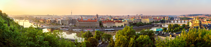 Panoramic view of bridges in Prague from Letna Park