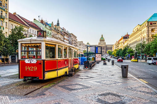 27 may 2018: tram restaurant in Wenceslas square in Prague at morning. Prague. Czech Republic