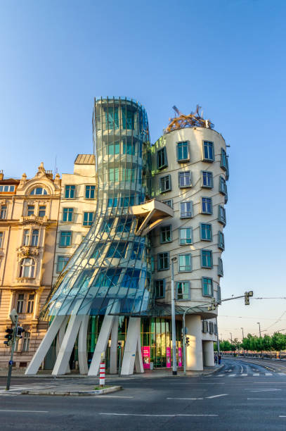 Dancing House (Tančící dům) in the morning. Prague 26 may 2018: vertical photo of Dancing House (Tančící dům) in the morning. Prague dancing house prague stock pictures, royalty-free photos & images