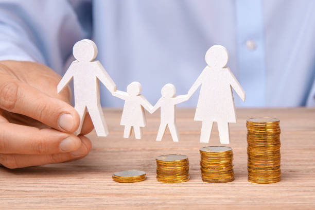 Budget of the family. Coins pile and the symbol of the family Budget of the family. Coins pile and the character of the family with the pope, mother, daughter, and son Cost And Affordability of child custody lawyers stock pictures, royalty-free photos & images