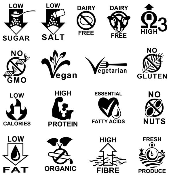 Healthy Food Label Icons. Single colour black healthy food and nutritional information icons. Isolated. nutrition label stock illustrations