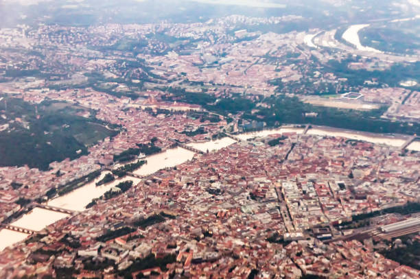 Aeriel view at sunset of Prague from a Plane. Czech Republic