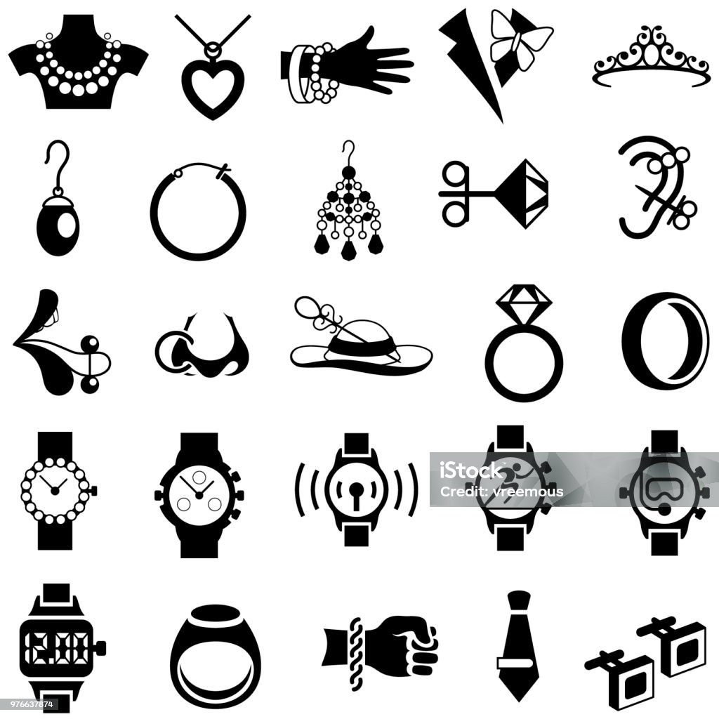 Jewellery Icons Set 25 single colour black icons representing different women's and men's jewellery items. Isolated. Jewelry stock vector