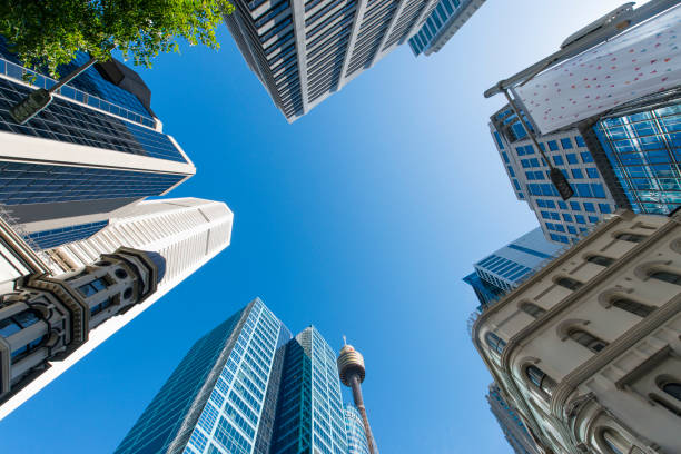 The top of skyscraper buildings in Sydney, Australia, seen during a hot day in the summer.