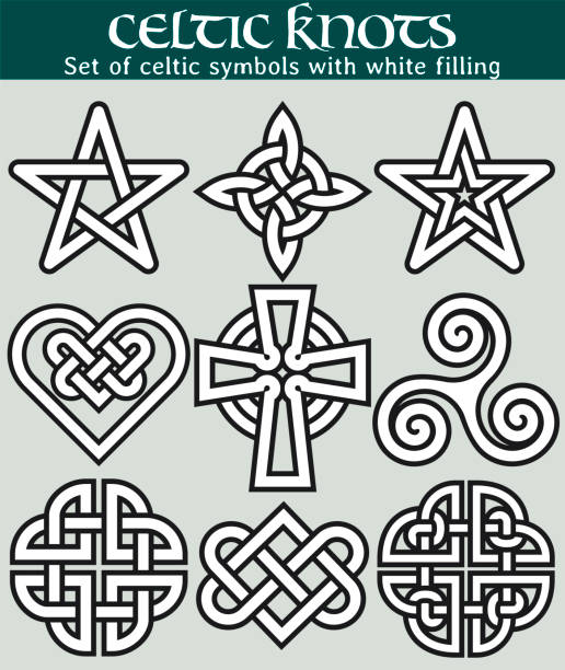 ilustraciones, imágenes clip art, dibujos animados e iconos de stock de conjunto de símbolos celtas con relleno - celtic culture tied knot frame braided