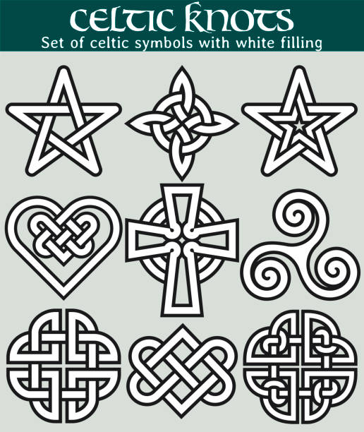 Set of celtic symbols with fill 9 symbols made with Celtic knots for use in tattoos or designs. celtic knot heart stock illustrations