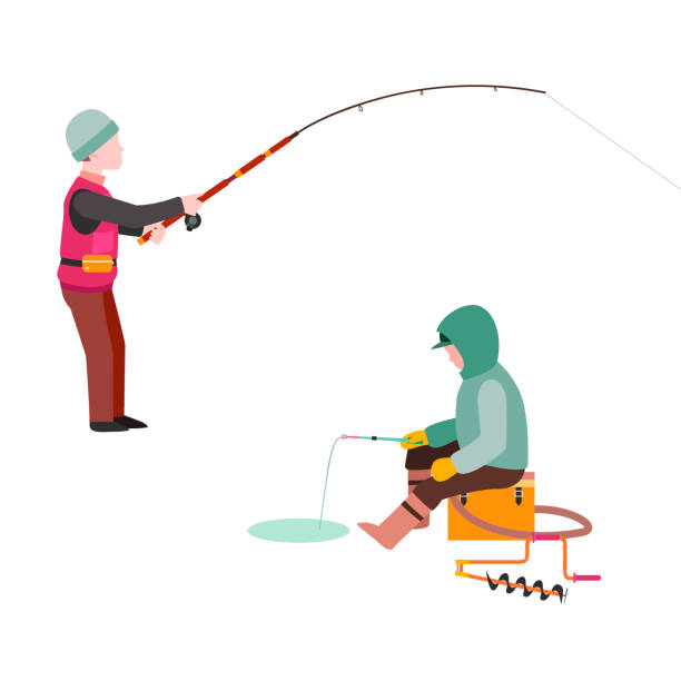 Fishing fishermen vector catches fish fisher threw rod into water catch and spin, man pulls net out of the river character vector illustration Fishing fishermen vector catches fish fisher threw rod into water, happy people fishman holds catch and spin, man pulls net out of the river, fishing on ice character vector illustration man ice fishing stock illustrations