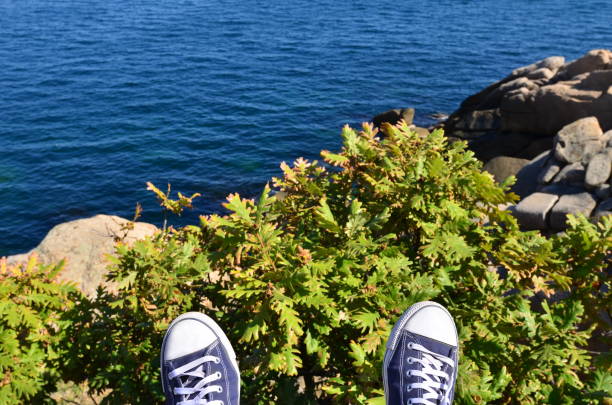 istock Blue sneakers against sea coast 976660930