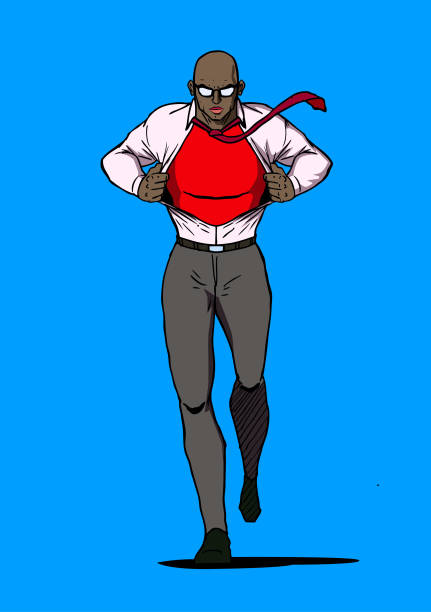 ilustraciones, imágenes clip art, dibujos animados e iconos de stock de vector hombre afroamericano se transforma en superhéroe - change superhero necktie strength