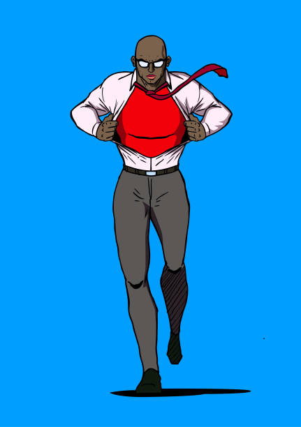 ilustrações de stock, clip art, desenhos animados e ícones de vector african american man transforms into superhero - change superhero necktie strength