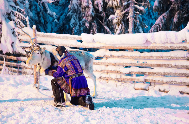 человек в традиционной одежде саами в reindeer rovaniemi finland lapland - lapp стоковые фото и изображения