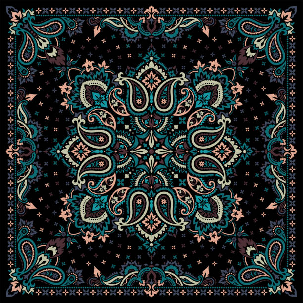 Paisley Bandana print Vector ornament paisley Bandana Print, silk neck scarf or kerchief square pattern design style for print on fabric. black shawl wrap stock illustrations