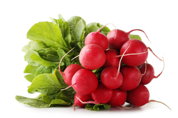 istock Red radishes isolated on white background 976669262