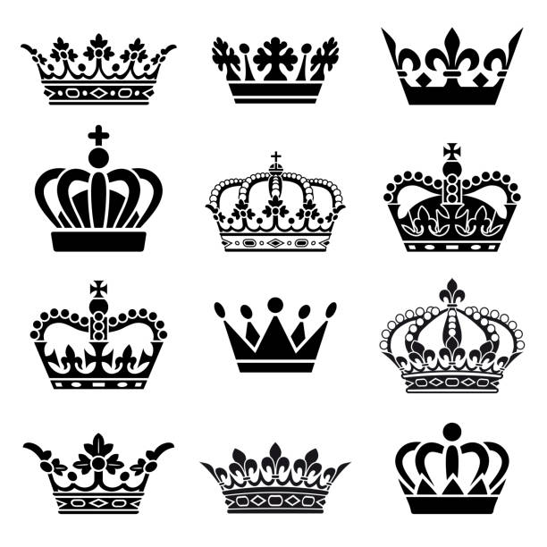 ilustraciones, imágenes clip art, dibujos animados e iconos de stock de vector conjunto de corona - crown symbol nobility vector