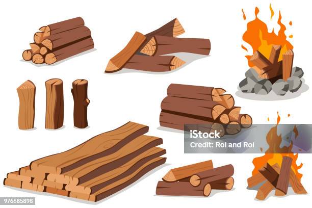Brennholz Und Lagerfeuer Log Und Lagerfeuer Vektor Cartoon Flachsatz Isoliert Auf Weißem Hintergrund Stock Vektor Art und mehr Bilder von Holz