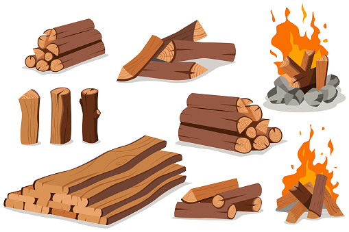 Firewood and campfire vector cartoon flat icon set.