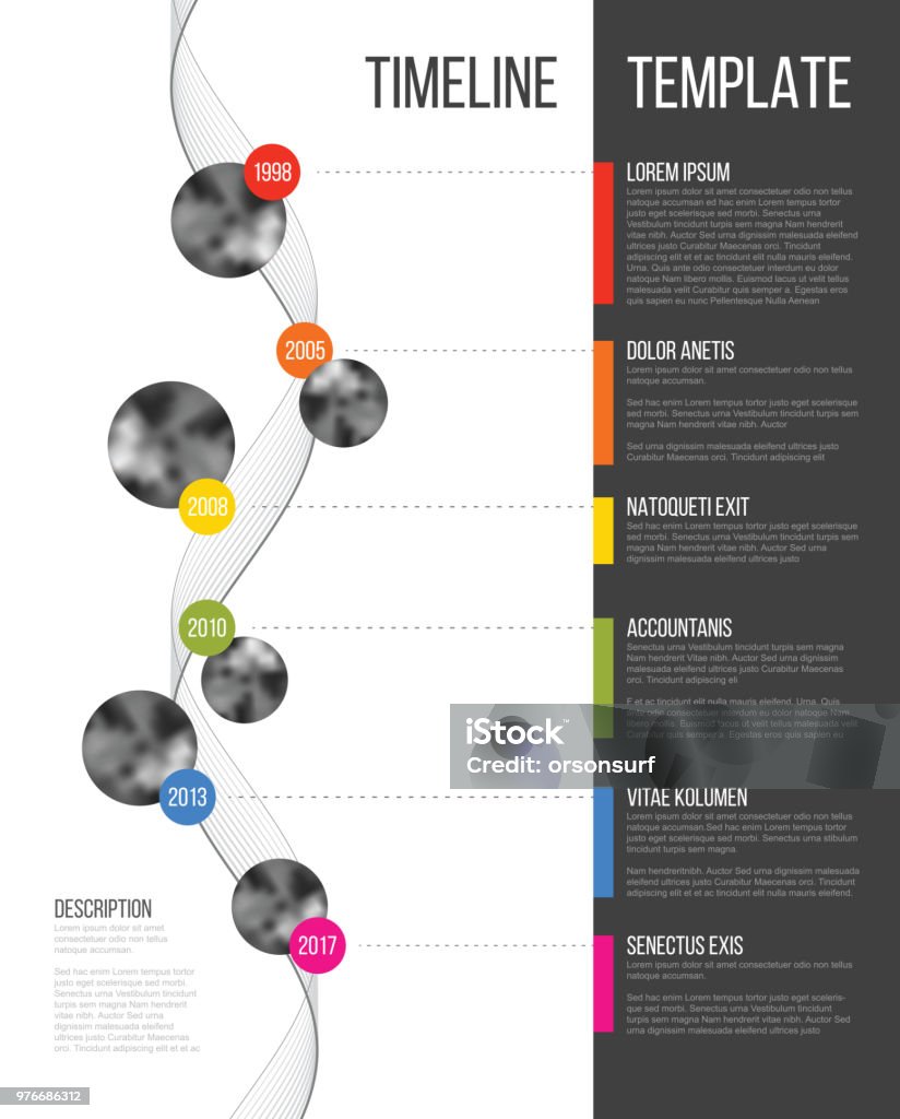 Vector Infographic Company Milestones Timeline Template Vector Infographic Company Milestones Timeline Template with circle photo placeholders on colorful line - vertical version Timeline - Visual Aid stock vector