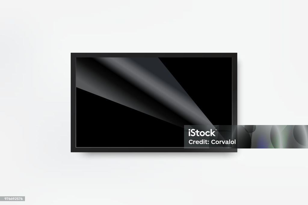 Black LED tv television screen blank on wall background Hanging stock vector