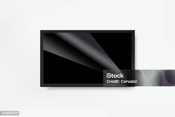 Black Led Tv Television Screen Blank On Wall Background Stock Illustration - Download Image Now