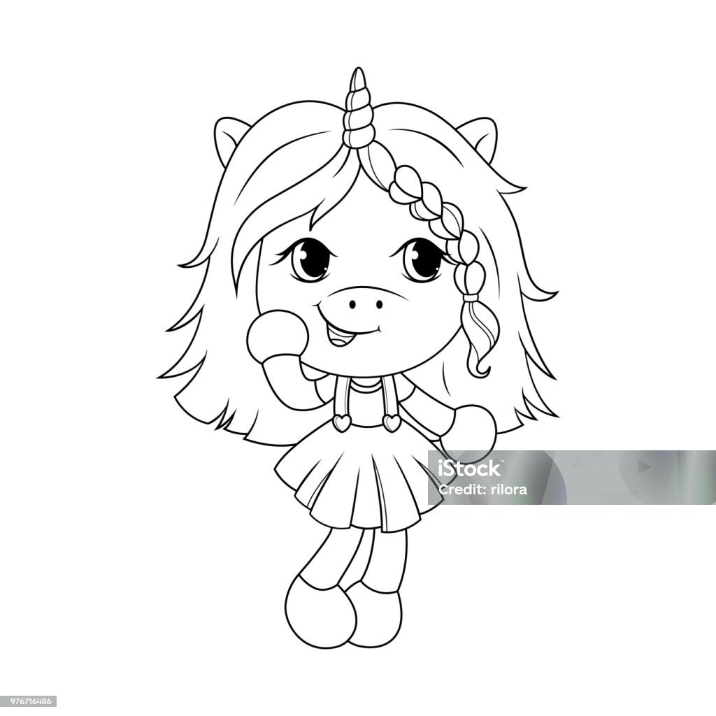 Cute baby unicorn coloring page for girls. Vector. Cute baby unicorn coloring page for girls. Vector illustration isolated on white background. Coloring stock vector