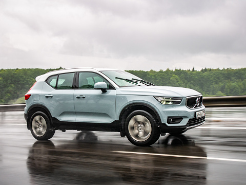 Minsk, Belarus - June 15, 2018: Volvo XC40 drives on a highway during rainy summer day. Volvo XC40 is the first subcompact SUV made by Volvo. Under the bonnet of this T5 AWD model is a 2.0-litre turbo-petrol engine with a substantial 250bhp.