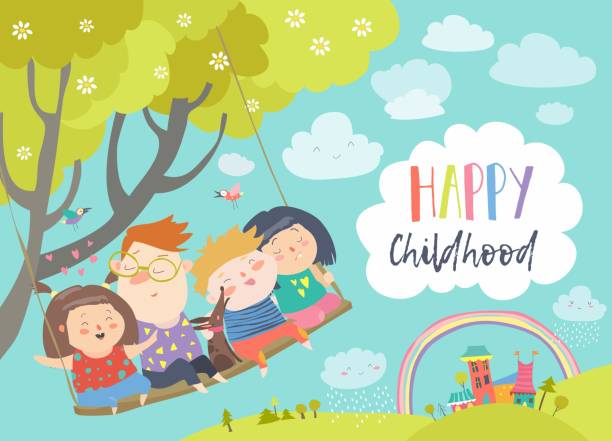 ilustrações de stock, clip art, desenhos animados e ícones de happy kids flying on a swing - nature play illustrations