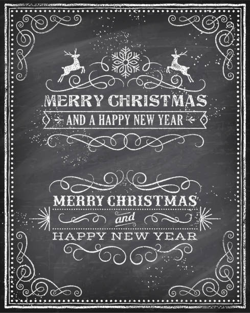 illustrazioni stock, clip art, cartoni animati e icone di tendenza di biglietto d'auguri alla lavagna di natale vettoriale - blackboard christmas retro revival old fashioned