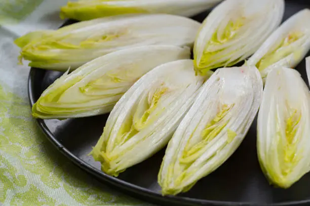Fresh raw Belgian bitter chicory salad ready to cook, close up