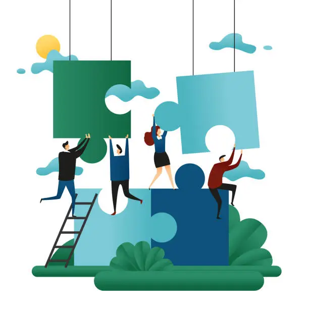 Vector illustration of Office Cooperative Teamwork. People Build Puzzles. Problem Solution Business Concept Vector Illustration