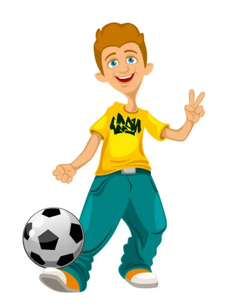 Vector illustration of Cheerful guy with a soccer ball
