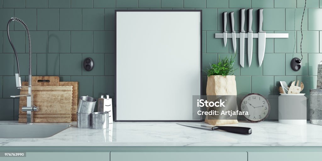 Modern kitchen interior with empty banner, mock up Modern kitchen interior with empty banner, mock up, 3d render Kitchen Stock Photo