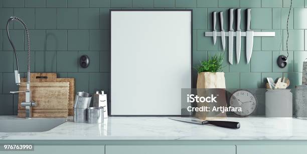 Modern Kitchen Interior With Empty Banner Mock Up Stock Photo - Download Image Now - Kitchen, Green Color, Border - Frame