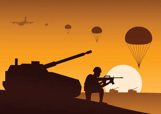 Vector illustration of soldier sit near by tank ready to shoot  paratrooper down behind military vehicle ahead to target