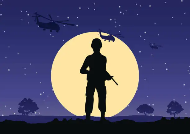 Vector illustration of soldier hold gun stand to defend at night