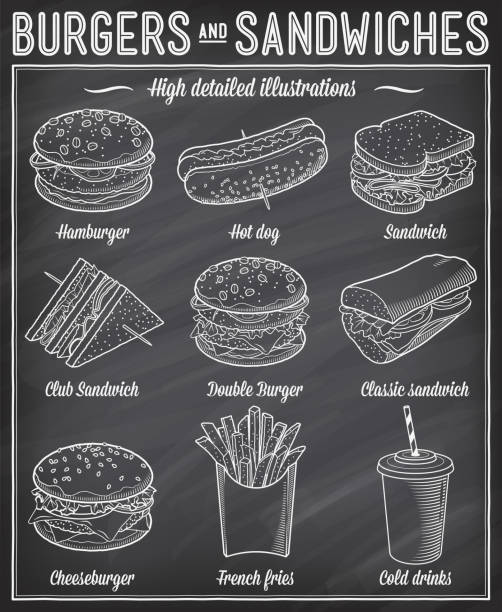 illustrazioni stock, clip art, cartoni animati e icone di tendenza di illustrazioni fast food - panino