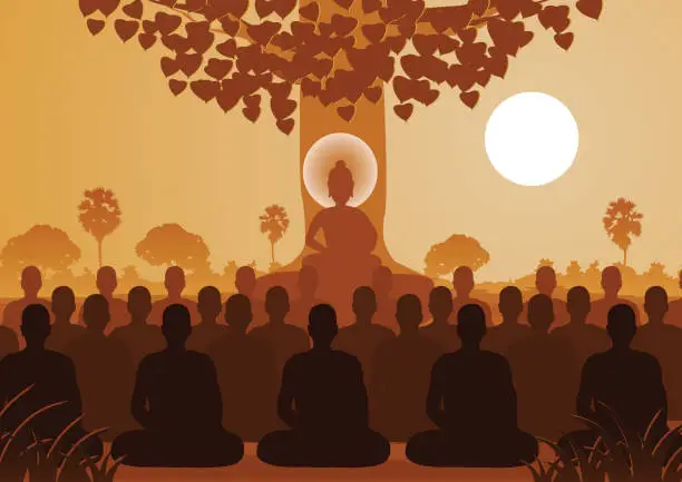 Vector illustration of Lord of Buddha mediating with crowd of monk,silhouette style