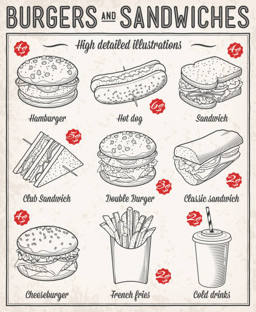 Fast food Illustrations Gorgeous vector illustrations set of different kind of fast food specialties. sandwich club sandwich lunch restaurant stock illustrations