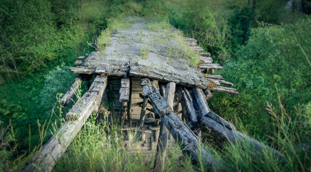 istock Old broken wooden bridge over the river, green grass background 976796500