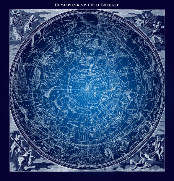 Blue Boreal Constellations Illustration High Detail Vintage Blue Illustration of Boreal Hemisphere Sky Astronomy Constellations galaxy diagram stock illustrations