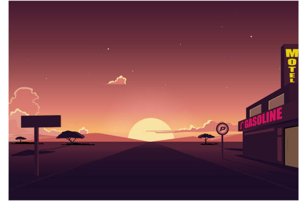 illustrations, cliparts, dessins animés et icônes de paysage de la route avec station essence et motel, du désert au coucher du soleil - scenics highway road backgrounds