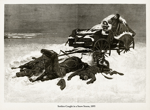 Beautifully Illustrated Antique Engraved Victorian Illustration of Early American Settlers Caught in a Snow Storm Engraving, 1895. Source: Original edition from my own archives. Copyright has expired on this artwork. Digitally restored.