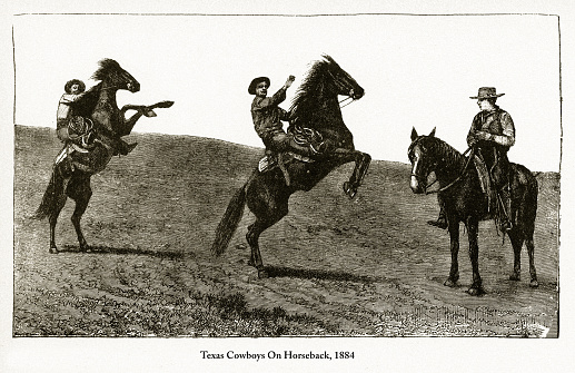 Beautifully Illustrated Antique Engraved Victorian Illustration of Early American Texas Cowboys On Horseback Engraving, 1884. Source: Original edition from my own archives. Copyright has expired on this artwork. Digitally restored.