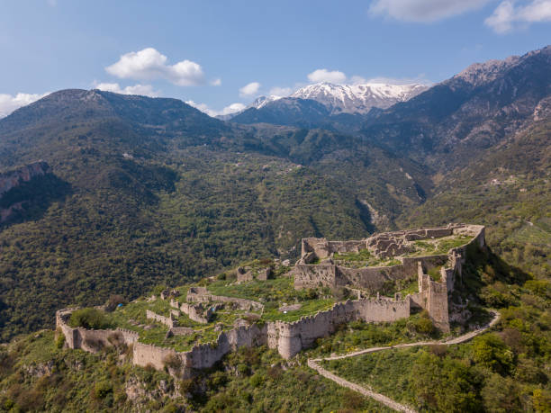 Aerial view of Villehardouin's Castle in the abandoned town of Mystras, Greece Aerial view of Villehardouin's Castle in the abandoned town of Mystras in the Peloponnese peninsula of southern Greece sparta greece photos stock pictures, royalty-free photos & images