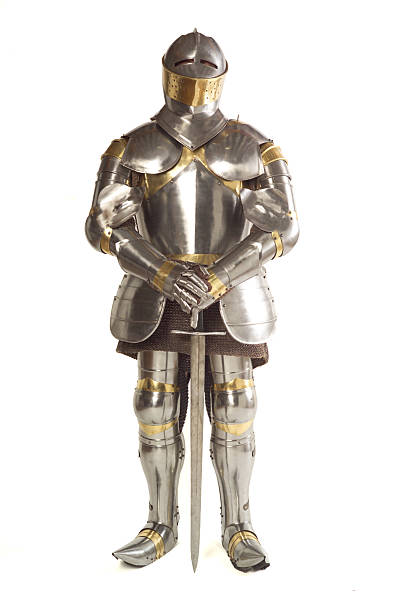 Suit of armor on white background Suit of Armour with sword. traditional armor stock pictures, royalty-free photos & images